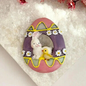 Hand Painted Easter Bunny + Chick In Colored Egg Vintage Brooch Pin